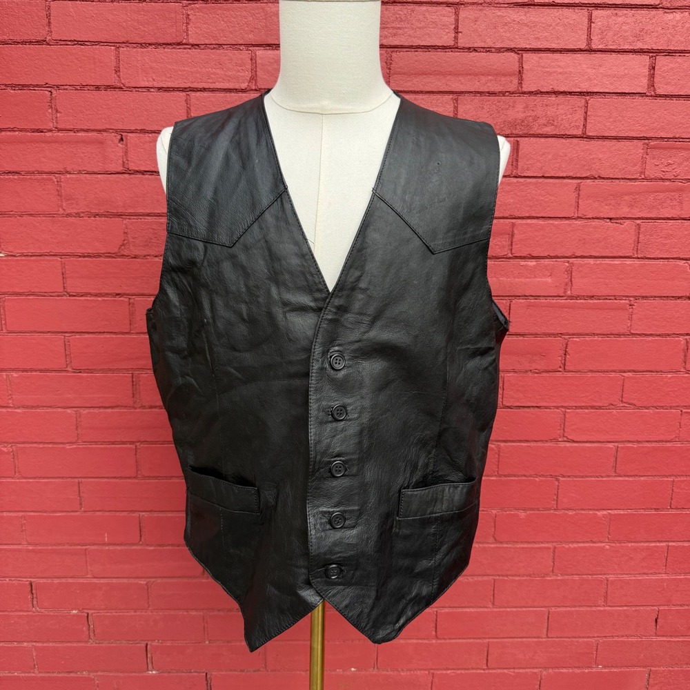 Vintage Vichen of USA Leather Vest Mens Large Black Western‎ Style Biker Rocker